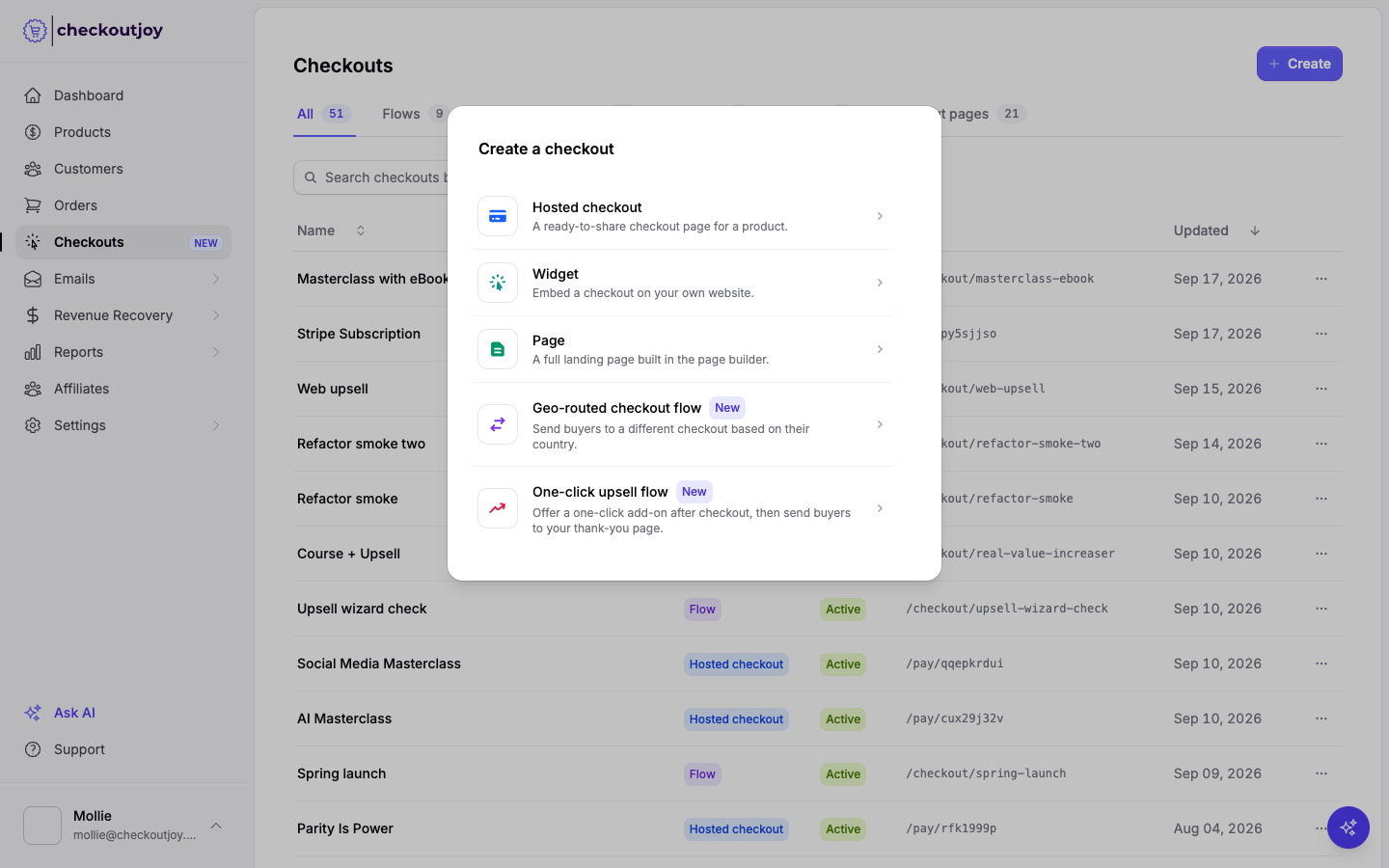The Create a checkout dialog with the One-click upsell flow option