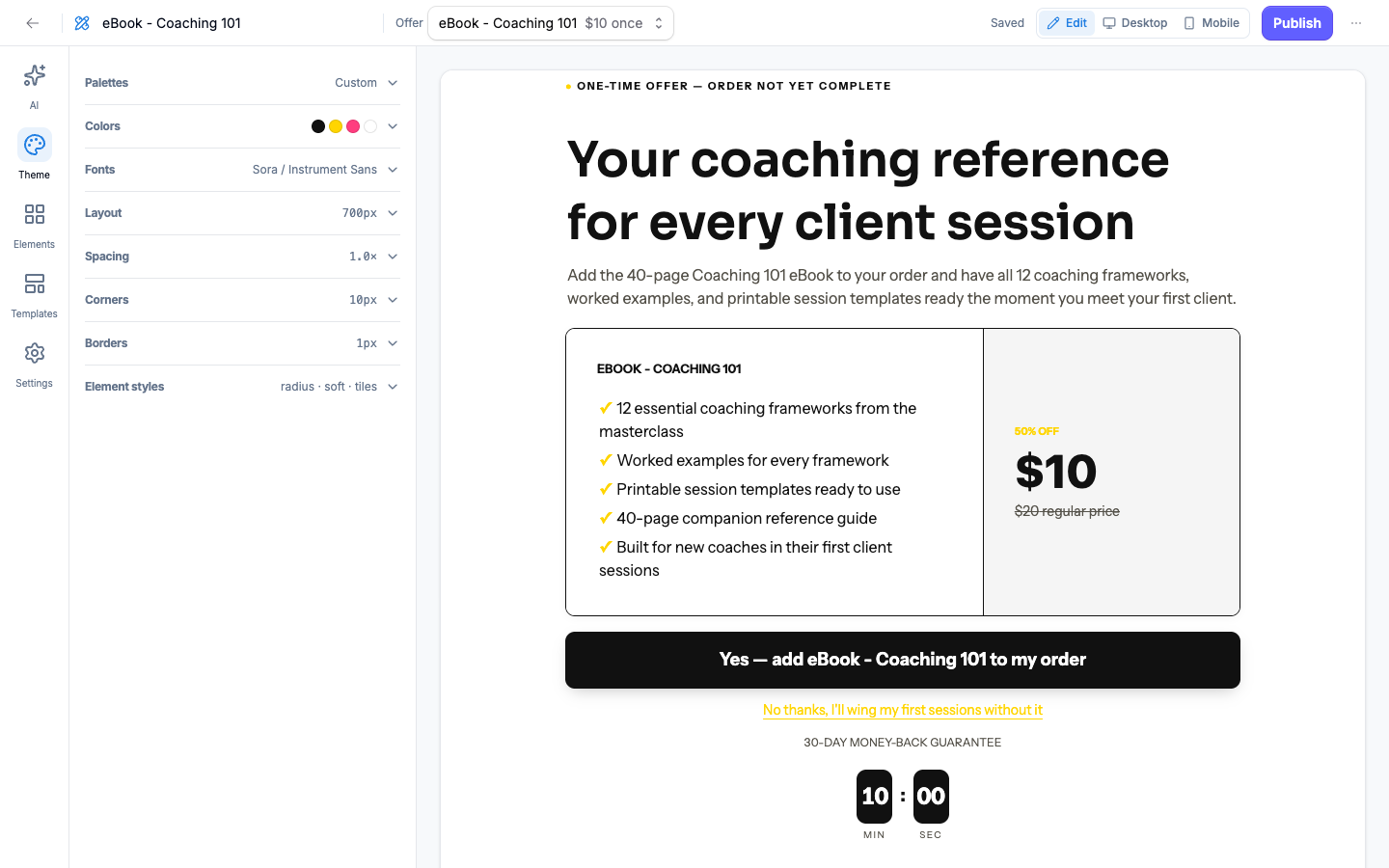 The upsell page builder with the generated copy