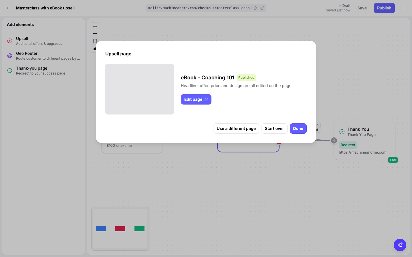 The upsell step showing its page, with Edit page, Use a different page and Start over