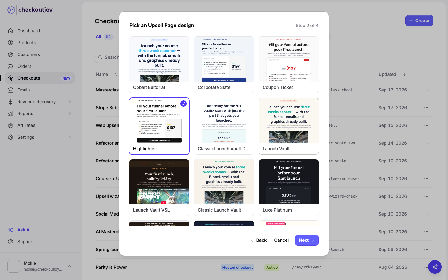 Picking an upsell page template