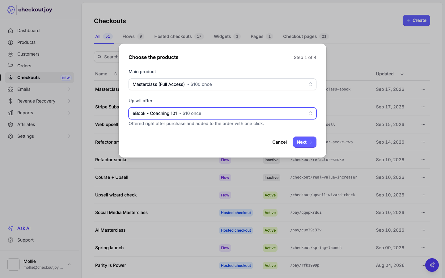 Choosing the main product and the upsell offer